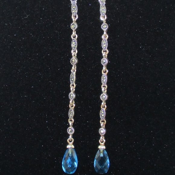 Blue Crystal & Marcasite Dangle Earrings - Picture 12 of 14